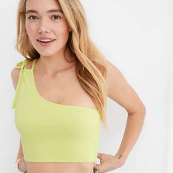 NWT Aerie Rebel Ribbed Tie One Shoulder Crop Top Women’s Medium Neon Green - Picture 5 of 5